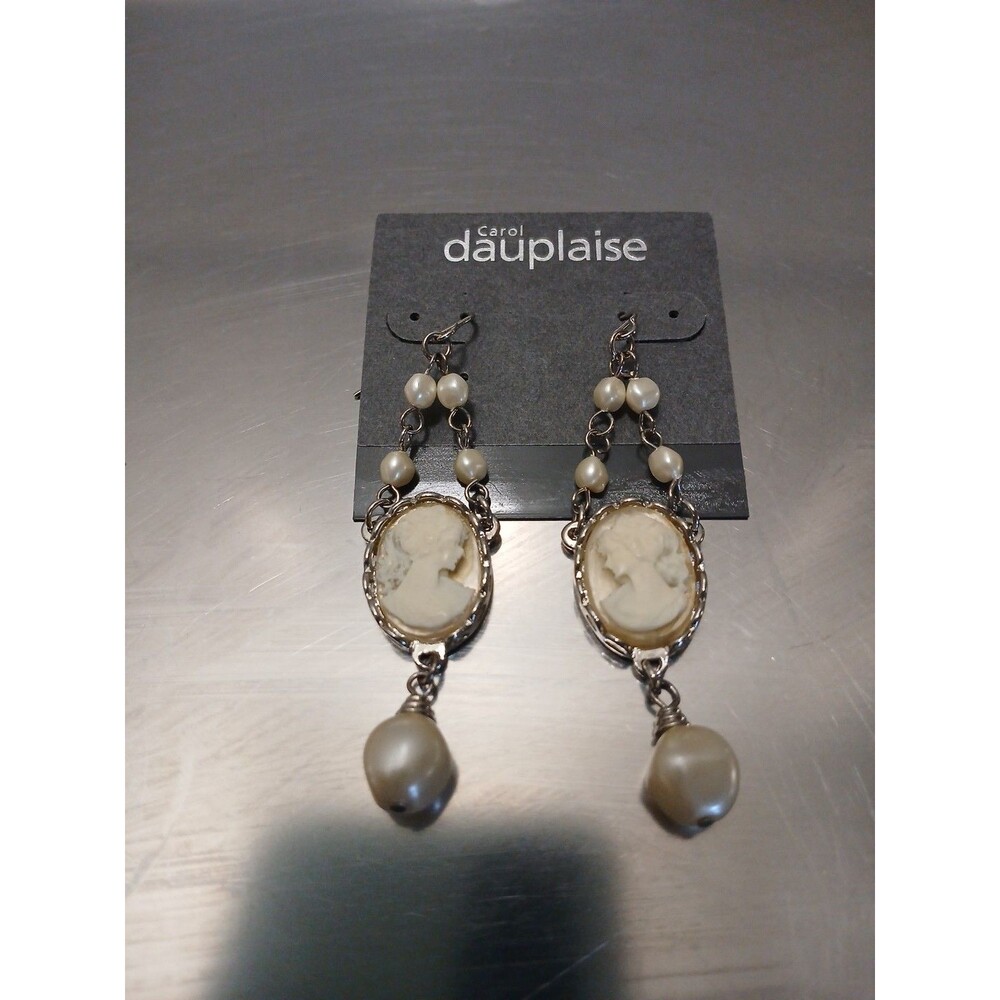 Carol Dauplaise Cameo Faux Pearl Earrings Dangling Hanging Earrings